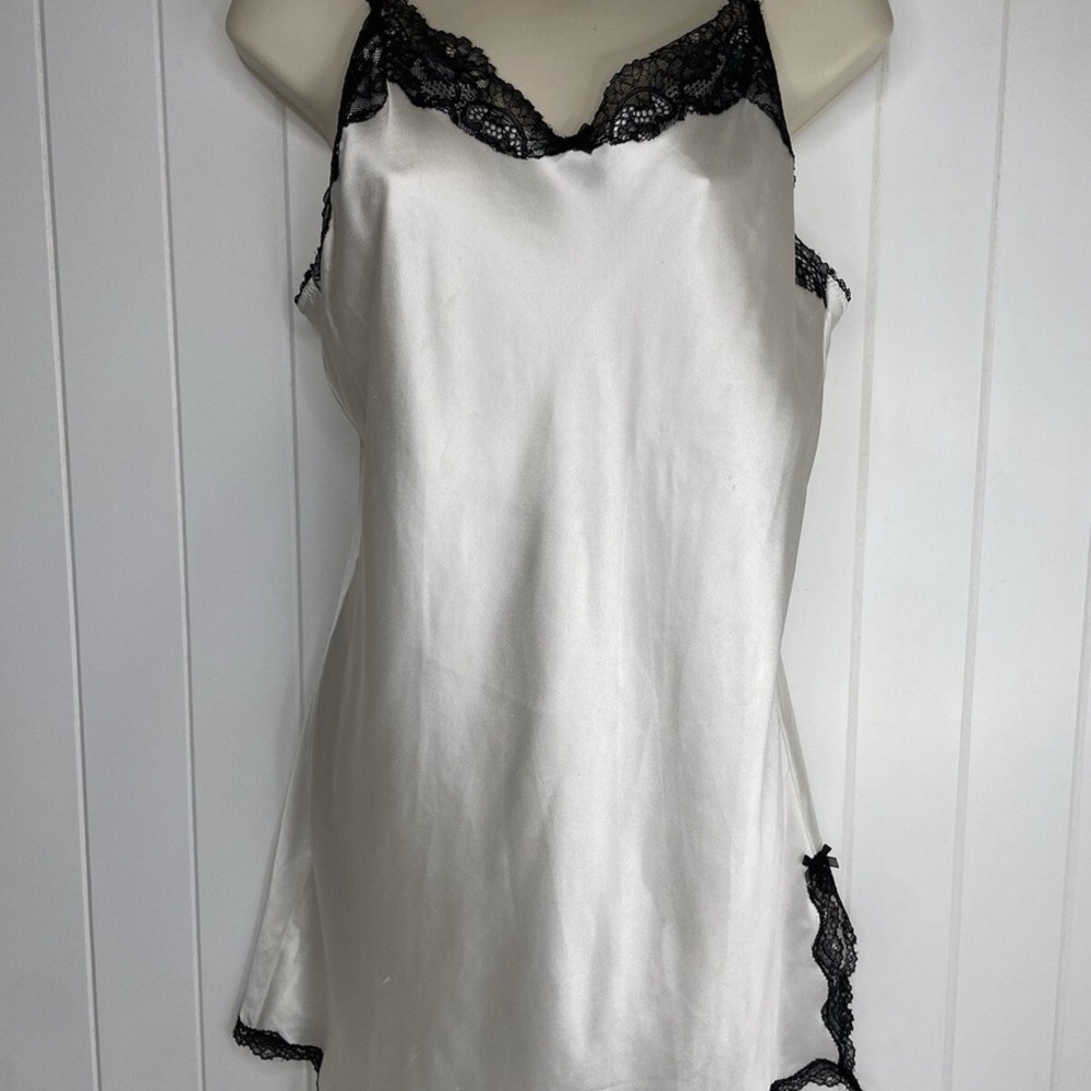 Victoria's Secret White Satin Chemise with Black Lace Trim